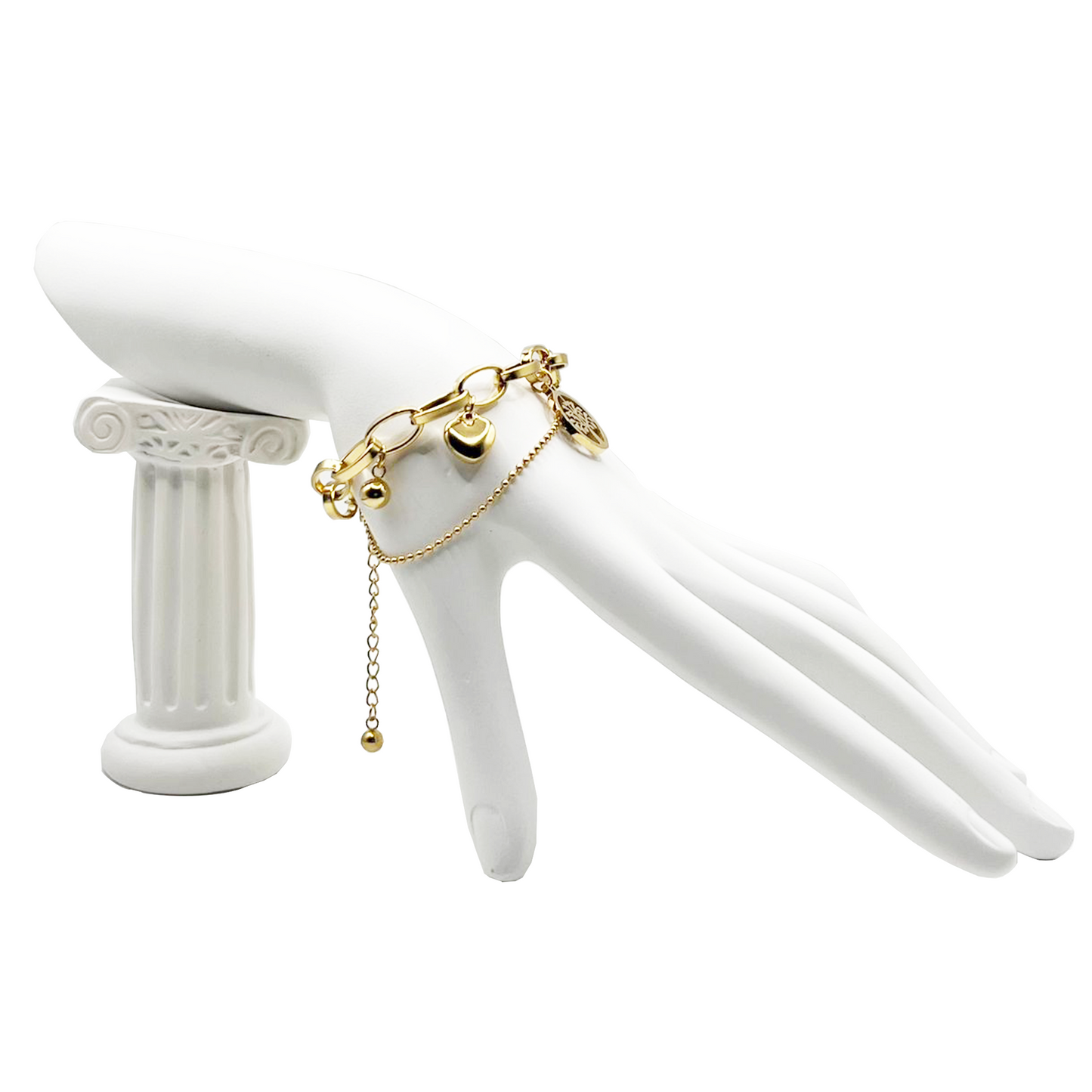 Pulsera Iris | Joyería bañada en oro 18K con dijes del árbol de la vida y corazón